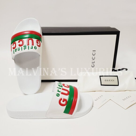 GUCCI SHOES MENS ORIGINAL WHITE LEATHER RUBBER SLIDE SANDAL w WEB sz 8G 8.5 US - Picture 2 of 15